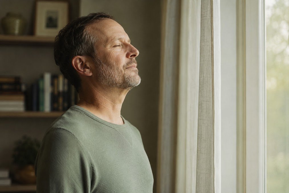 A man standing at a window with his eyes closed, taking a slow breath