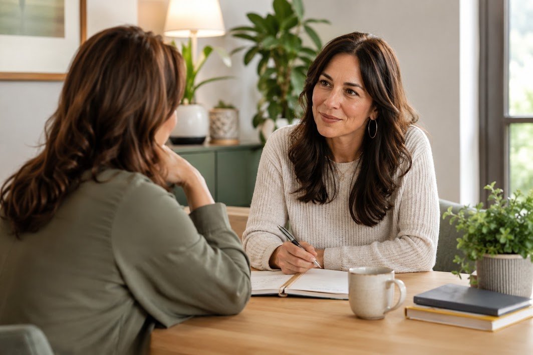 A coach and a client talking across a table with an open notebook in a warm daylit room