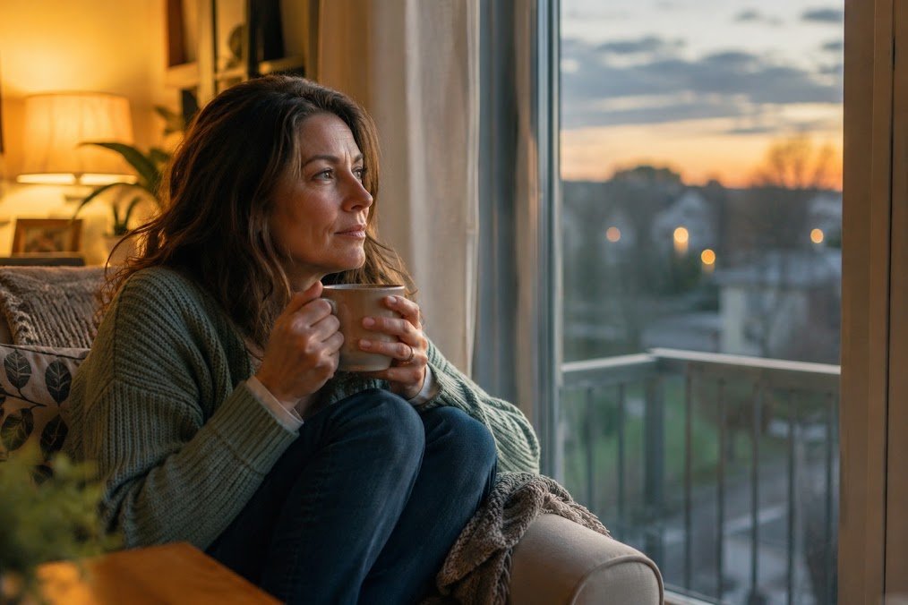A woman sitting by a window at dusk holding a mug, looking out at the lit street below