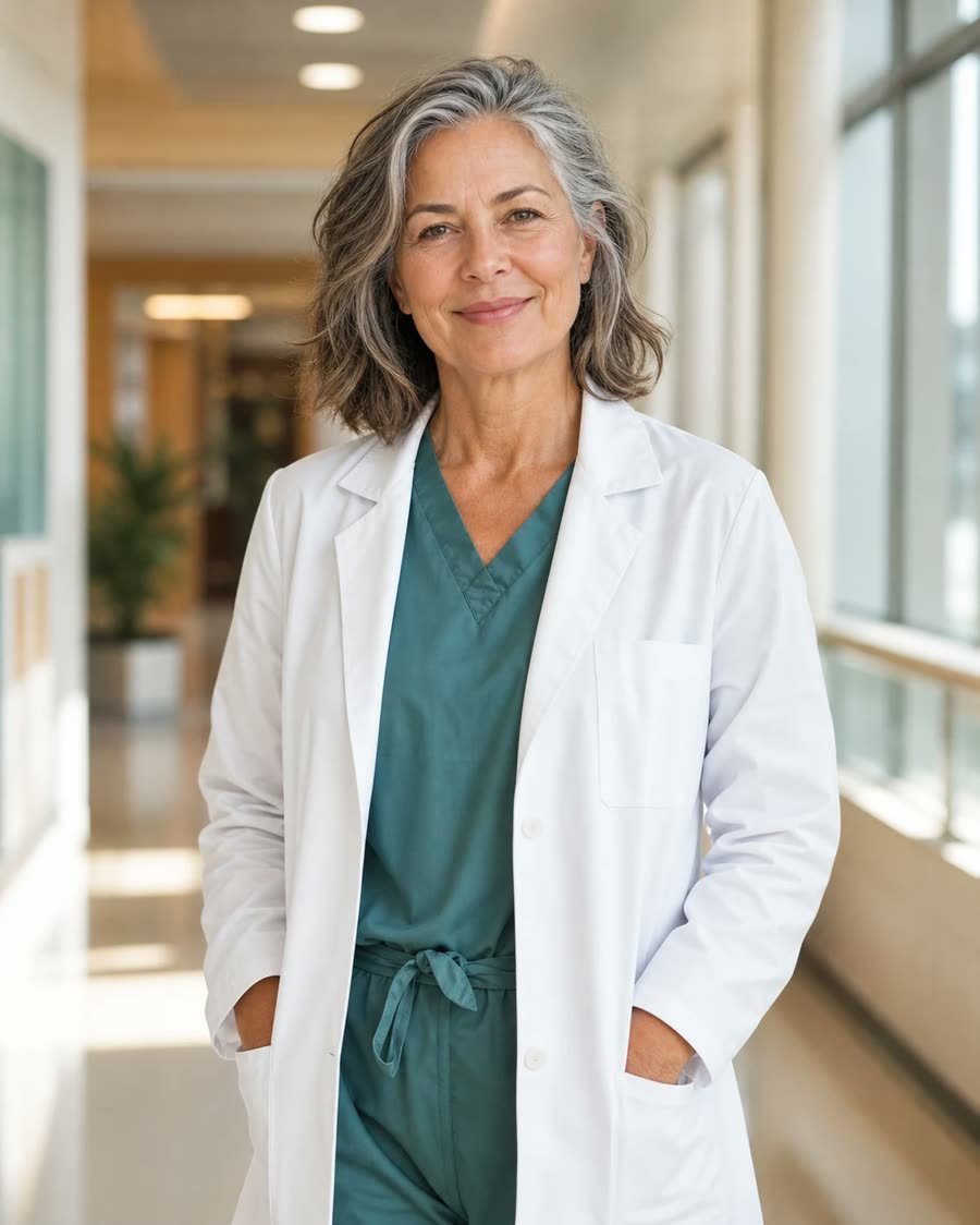 An experienced female physician smiling with calm confidence in a bright hospital corridor